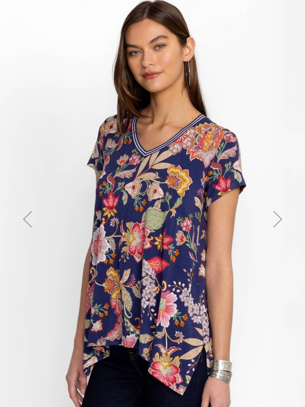Johnny Was The Janie Favorite Drape Tunic Vivienne Vo Navy Floral V-Neck Large